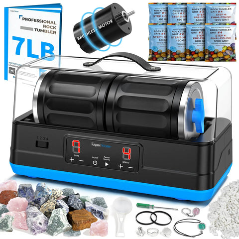Ultra Quiet Brushless Rock Tumbler Kit With 7Lb Dual Barrel Polisher And Noise Canceling Cover with accessories and polished stones