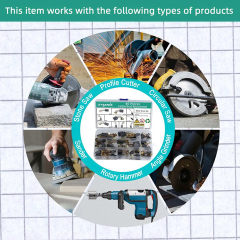 Electric Motor Carbon Brushes Set 40 Pack Replacement Kit with 10 Sizes for Power Tools, various tool applications displayed.