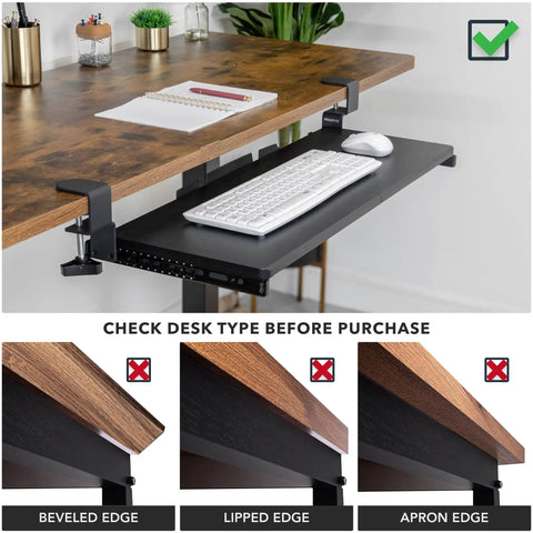 Under Desk Keyboard Tray 30 Inch Extra Wide Slide Out Drawer No Drill Clamp Mount Holds 11 Lbs Fits Desks Up To 1.77 Inches Thick shown installed on wooden desk
