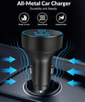Three Port 130W USB C Car Charger With Voltage Display in black, shown in a vehicle's power outlet with blue design accents.