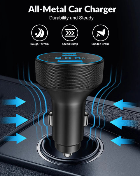 Three Port 130W USB C Car Charger With Voltage Display in black, shown in a vehicle's power outlet with blue design accents.