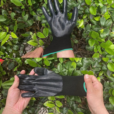 Person wearing nitrile coated work gloves with superior oil resistance and strong grip for gardening in green foliage.