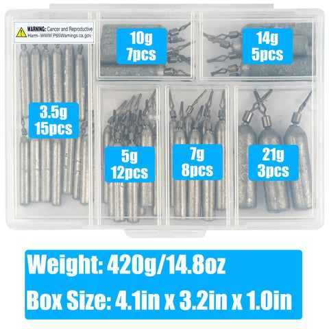 Drop Shot Lead Weights Kit With Barrel Swivels, 50 pcs pencil shaped snagless sinkers, variety sizes from 3.5g to 21g in box