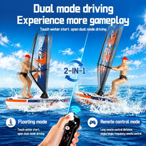 Mini Remote Control Boat With 2.4GHz RC Windsurfer Surfing Action LED Lights Self Righting Never Flip Design Long Battery
