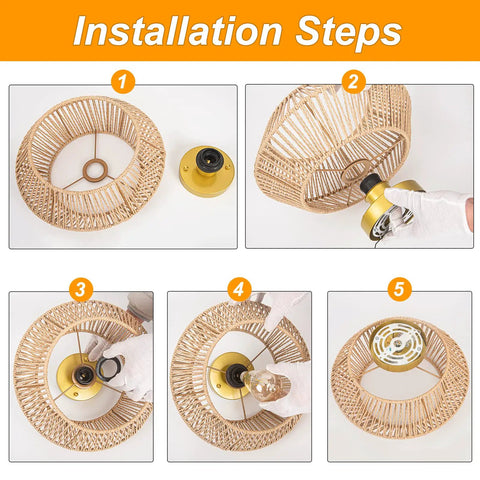 Installation steps for Cozy Boho Rattan Ceiling Light With Handwoven Cage Shade 12.6 Inch Coastal Semi Flush Mount.