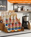 Four Tier Stadium Style Liquor Bottle Display Shelf 16 Inch Rustic Wood Rack For Bottles And Syrups on kitchen countertop