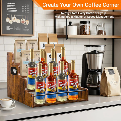 Four Tier Stadium Style Liquor Bottle Display Shelf 16 Inch Rustic Wood Rack For Bottles And Syrups on kitchen countertop