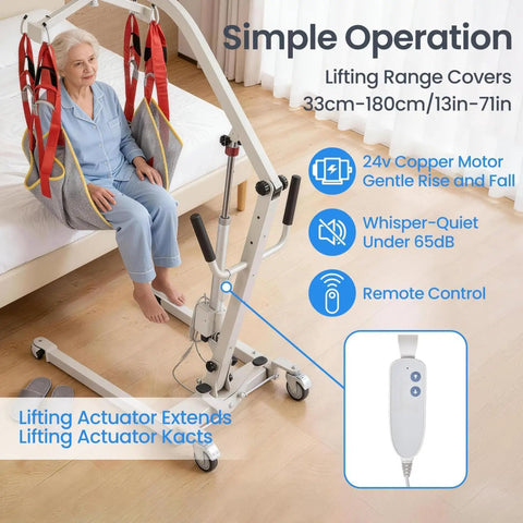 Heavy Duty Electric Patient Transfer Lift With Sling 510 Lbs Capacity showing elderly user, remote control, and smooth operation.