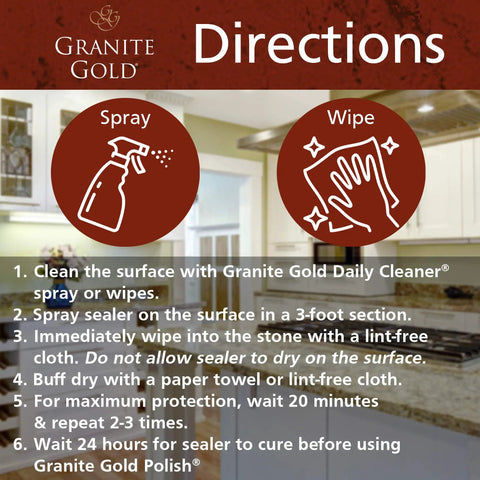 Instructions for using Water Based Sealer Spray For Granite Marble Travertine And Natural Stone Countertops That Keeps Your Stone Safe From Oil Water Coffee Wine Stains Etching And Soil Build Up 24 Fl Oz 1 Pack, with steps on cleaning and using the product in a kitchen setting.