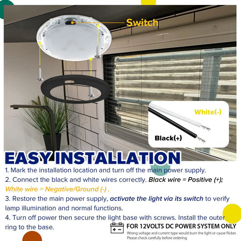 Installation guide for Durable Dimmable 5 Inch Black Round 12V RV Ceiling Light With Surface Mount LED Fixture showing wiring.