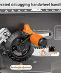 Serrated debugging handwheel handle for Heavy Duty Bench Mounted Circular Saw Featuring Knockout Precision Crosscut Gauge.