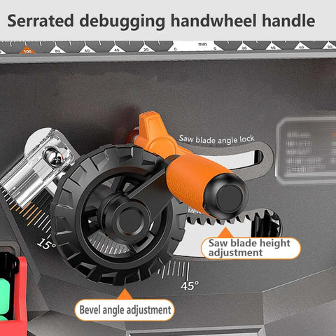 Serrated debugging handwheel handle for Heavy Duty Bench Mounted Circular Saw Featuring Knockout Precision Crosscut Gauge.