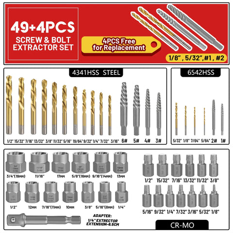 53 Piece Spiral Screw Extractor And Bolt Remover Set With Left Hand Drill Bits Nut Removers And Extension Easy Out Tool Kit Includes Multi Spline Extractors And High Hardness CrMo Steel 4341 6542 HSS For Removing Rusted Nuts And Stripped Bolts