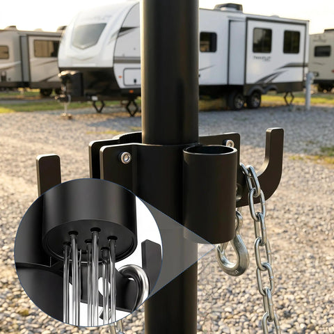Aluminum Trailer Chain Holder Heavy Duty Towing Chain Organizer With 7 Way Plug Holder Cover for RV near camper trailers.