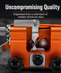 No Sweat Manual Chainsaw Sharpener Kit Featuring Seven Precision Grinding Stones and a Foolproof Guide for Four to Twenty Two Inch Chains showing orange aluminum alloy construction.