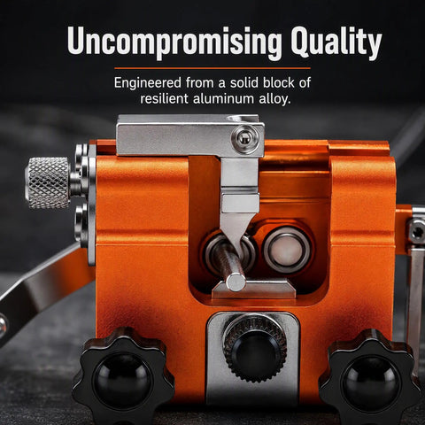 No Sweat Manual Chainsaw Sharpener Kit Featuring Seven Precision Grinding Stones and a Foolproof Guide for Four to Twenty Two Inch Chains showing orange aluminum alloy construction.