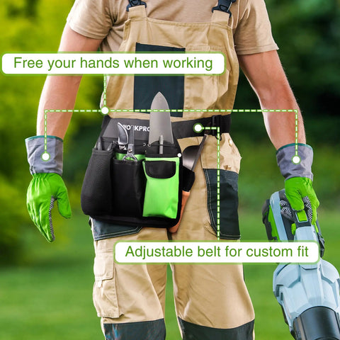 Person wearing Five-Pocket Garden Tool Belt With Adjustable Go-To Waist Strap For Women, holding garden tools.