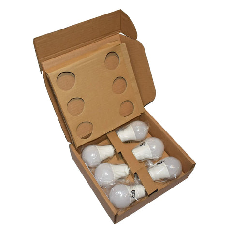 Open box showing 6-pack of A19 LED bulbs, E26 base, soft white. Light Up Your Space With A19 LED Bulbs That Replace 100W Incandescents Just 15W Draw E26 Base Soft White 2700K Non Dimmable 10000 Hour Life 6 Pack For Home Office And Garage Lighting Upgrades That Stay Lit.