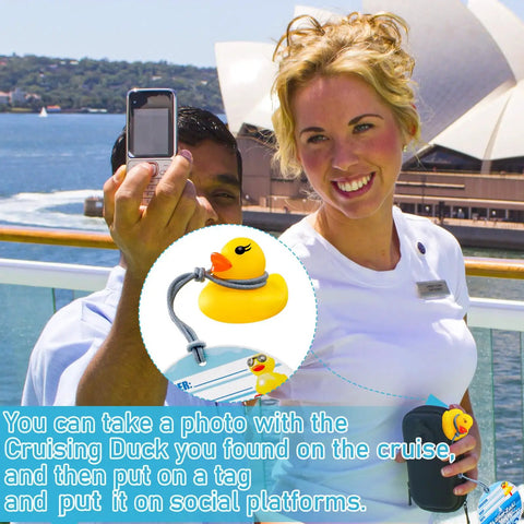 Couple taking selfie with rubber duck and elastic cord from 180 Pack Cruise Duck Party Decor Kit with 40 Yellow Duck Cards