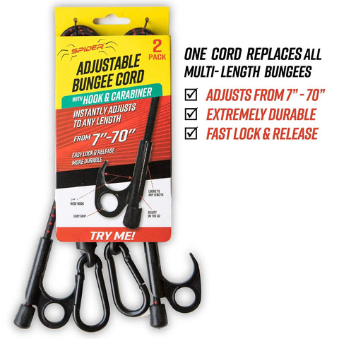 Heavy Duty Adjustable Bungee Cords With Hook And Carabiner, 48 Inch Unstretched, in package showing hooks and features.
