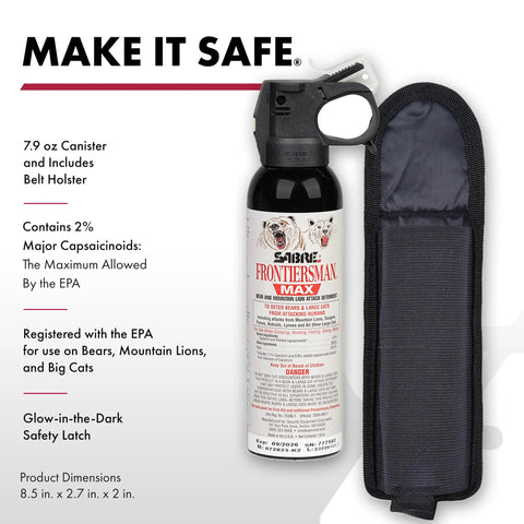 Frontiersman Max Bear Spray Kit With 7.9 Oz Deterrent, 40 Ft Range, 2 Percent Capsaicinoids, and black belt holster