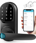 Keyless Entry Smart Lock With Fingerprint And Keypad Access For Front Door Handle In Black shown with phone app and keycards.