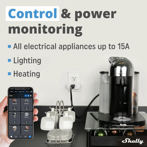 Smart Plug With WiFi And Bluetooth Power Metering, Remote Control And Countdown Timer, shown controlling kitchen appliances