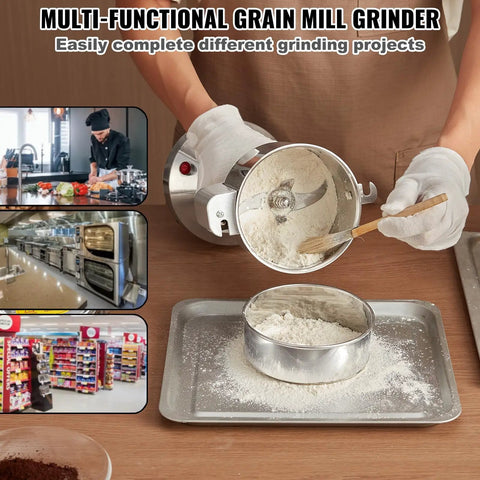 Beast Power 2000W Electric Grain Mill Grinder pouring superfine flour into tray with 750g capacity, stainless steel body