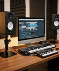 Heavy Duty Desktop Speaker Stands Pair With Flat Base Adjustable Height And Tilt Universal Platforms for studio desk setup