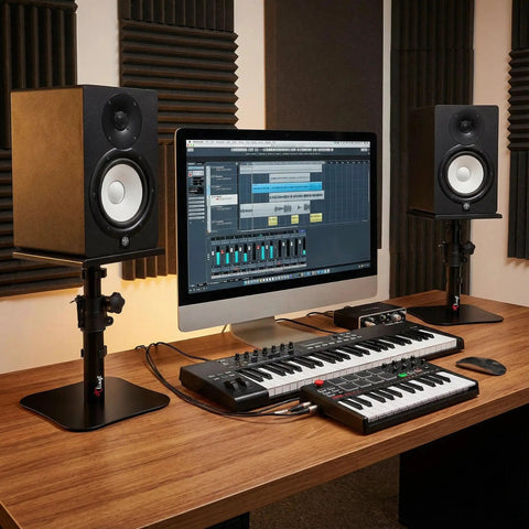 Heavy Duty Desktop Speaker Stands Pair With Flat Base Adjustable Height And Tilt Universal Platforms for studio desk setup