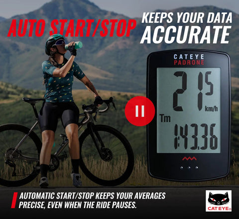 Cyclist using Padrone Wireless Bike Computer With Oversized Display And No GPS, highlighted Auto Start Stop feature.