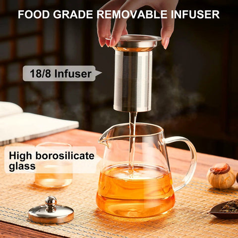Stovetop Safe Glass Teapot 550ml With Removable Stainless Steel Infuser, Borosilicate Glass Tea Kettle, ideal for camping and travel.