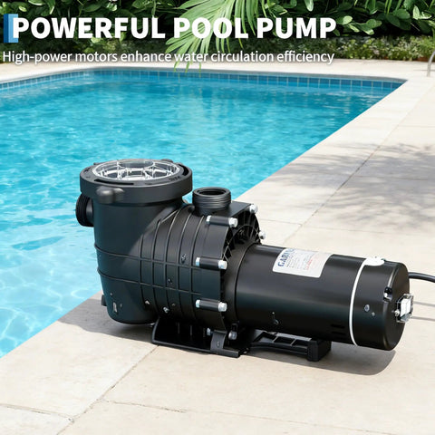 Heavy Duty Swimming Pool Pump With 2Hp Copper Motor And 1500W Output Offering Dual Voltage Setup With Built In Strainer Basket Perfect For Above Ground And Inground Pools Delivers Beast Mode Flow Rates And Silky Quiet Operation For Your Backyard Rig next to a swimming pool.