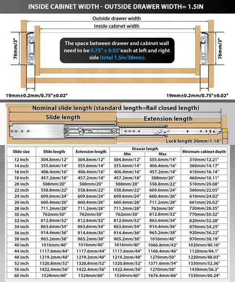 Diagram of heavy duty drawer slides with lock and full extension ball bearing rails side mount 500 lb capacity; sizing chart included.