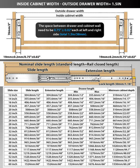 Heavy Duty Locking Drawer Slides Full Extension Side Mount Runners Rated For A Drop Dead Solid 500 Pound Load Built Tough Steel Tracks dimensions chart.