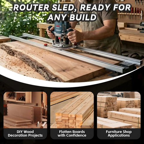 Woodworker using 47.2 Inch Router Sled For Flattening Slabs With 3 Axis Height Adjustment on wood in shop layout.