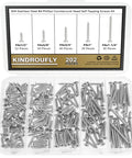 Pro Grade Four Gauge Stainless Steel Wood Screws Countersunk Phillips Head Self Tapping Assortment Kit 202 Piece Set in storage box.