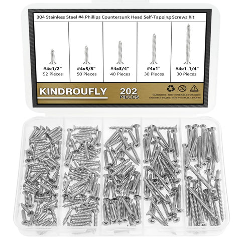 Pro Grade Four Gauge Stainless Steel Wood Screws Countersunk Phillips Head Self Tapping Assortment Kit 202 Piece Set in storage box.