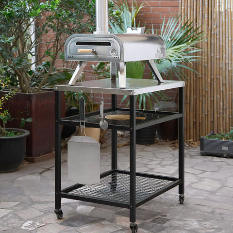 Stainless Steel Outdoor Grill Cart With Wheels For A Serious Outdoor Kitchen Setup Heavy Duty Pizza Oven Stand And Three Shelf Prep Table