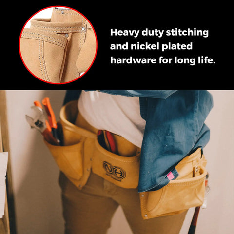 Heavy Duty Tool Belt For Men With 12 Pockets Pouch Utility Bag Suede Leather Work Apron For Electricians Carpenters Framers Construction Gear Built Tough And Ready For Any Job with tools and stitching detail shown.
