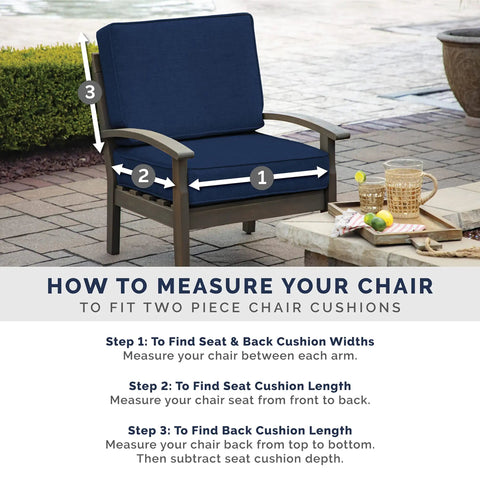 Outdoor loveseat cushion set 3-piece with 2 back pillows and 1 bottom cushion, 48 by 24 inches, sapphire blue, guide to measure chair