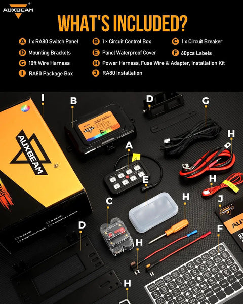 Beefed-Up 8 Gang Toggle Switch Panel With RGB Backlit components and accessories displayed on a black surface