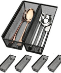 Slick Six Pack Silverware And Utensil Drawer Organizer With Non Slip Feet, Interlocking Kitchen Flatware Holder For Cutlery Spoons Pens, Heavy Duty Trays Keep Your Drawers Looking Fresh And Tight, showing black mesh trays with cutlery.