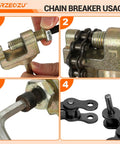 Chain breaker tool in use for Beefed-Up Mini Bike Chain Tensioner For 35 Chain With 140 Links, showing step-by-step process.