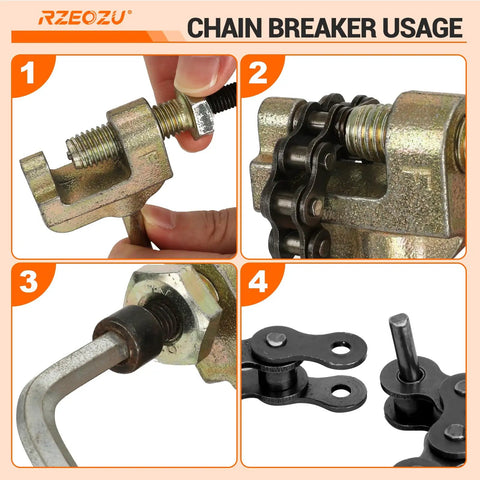 Chain breaker tool in use for Beefed-Up Mini Bike Chain Tensioner For 35 Chain With 140 Links, showing step-by-step process.