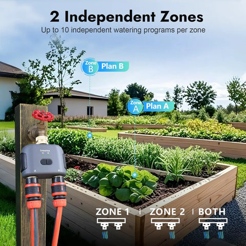 Smart Water Timer For Garden Hose With Brass Inlet And Outlet, WiFi Hub Enabled Hose Controller in a garden setting
