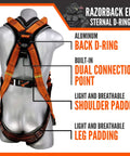 Back view of Razorback Elite Safety Harness with lightweight build, sternal D-rings, quick-connect buckles, OSHA and ANSI compliant.