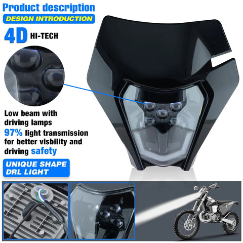 Universal LED Dirt Bike Headlight Kit With 2100 Lm Output For Enduro Pit Bikes And ATVs, front view with black housing