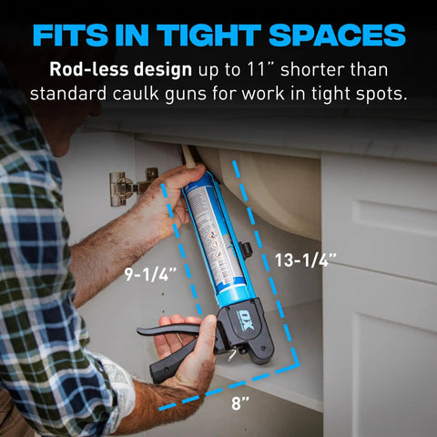 Compact 10 Oz Rodless Caulk Gun For Tight Spaces With 7 To 1 Thrust Ratio And Belt Clip under sink application