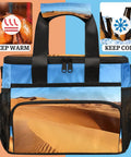 Insulated Picnic Backpack Lunch Box For Everyday Carry Big 12x9 Inch Tote That Keeps Food Fresh Perfect For Picnics Beach Days Work Lunch Travel Camping And Day Trips, showing hot and cold icons.
